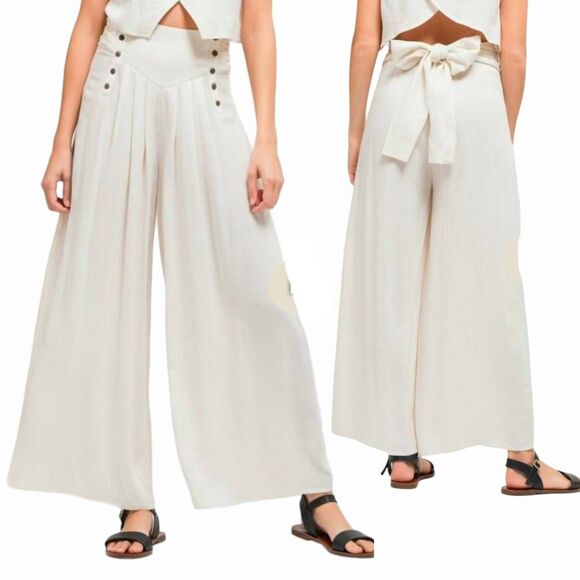 ILLA ILLA Pants - ILLA ILLA Wide Leg Back Bow Pants Womens Small Beige Front Button Pleated Boho